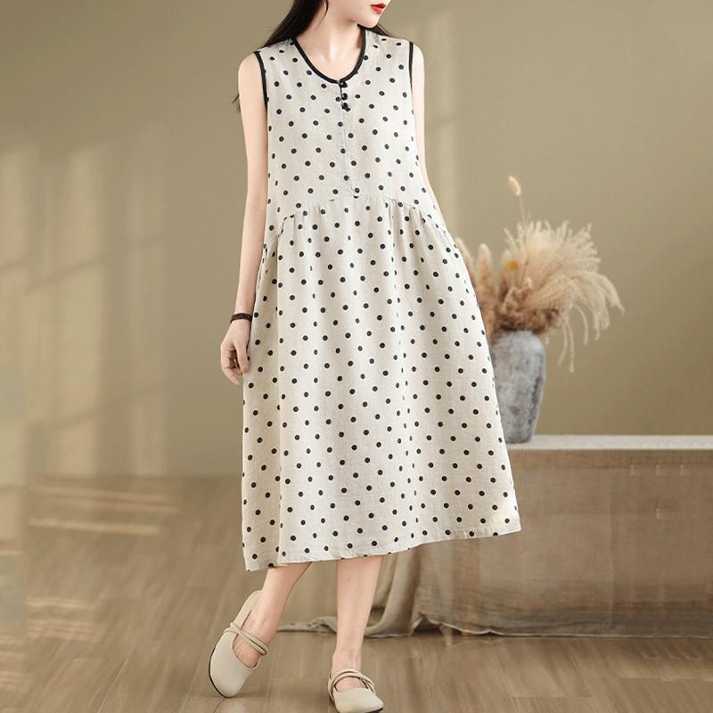 Sleeveless Plus Size Cotton Linen Vintage Dot New In Dresses for Women Casual Loose Long Summer Dress