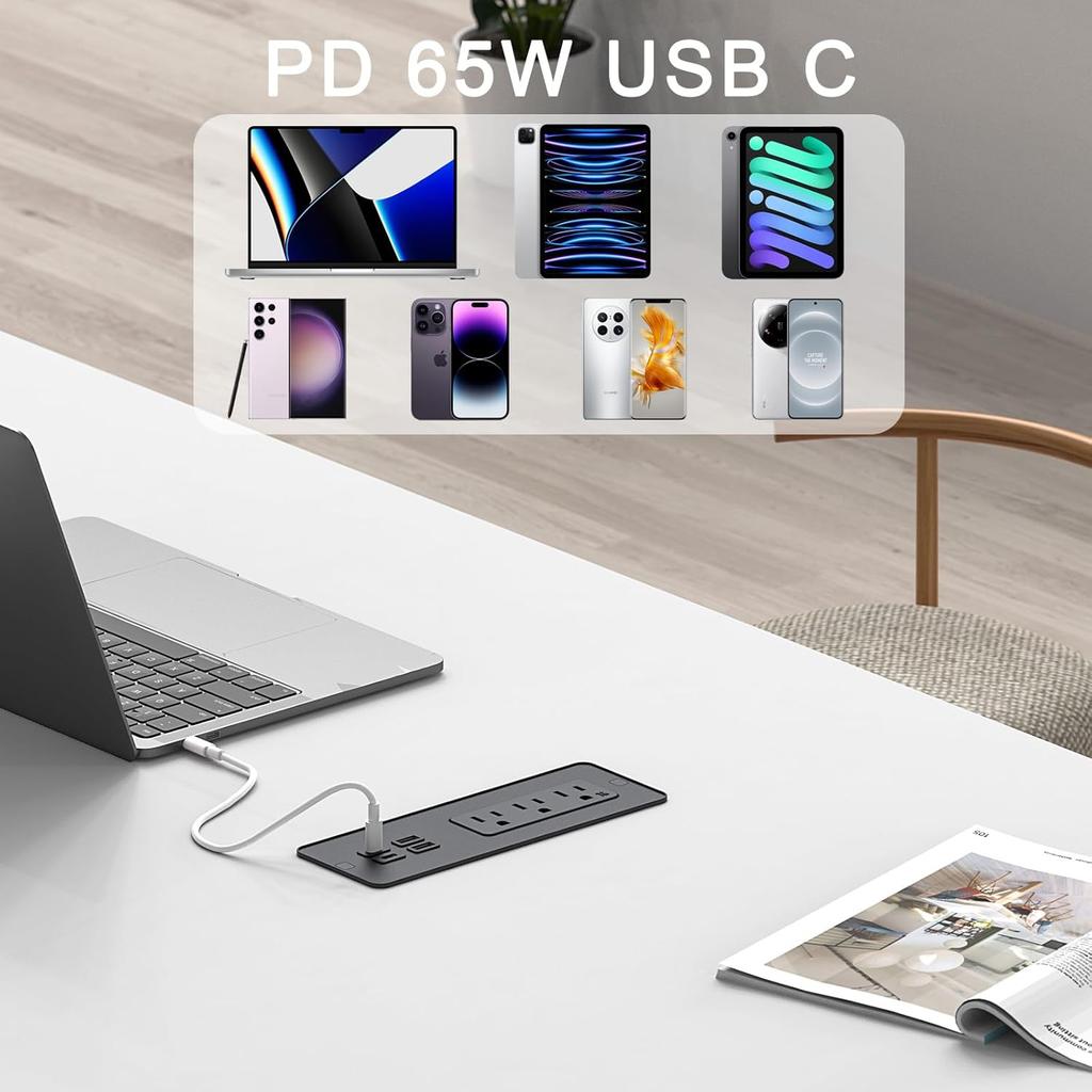 Recessed Power Strip with PD 65W USB C, Flush Mount Power Strip with 3 Outlets 4 USB Ports, Furniture Outlet with 2M Flat Plug Cable for Side Table