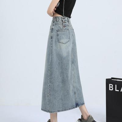 2023 Herbst Hochtaillierter Retro Blauer Denim Midi-Rock mit Drei-Knopf-Schlitzdesign