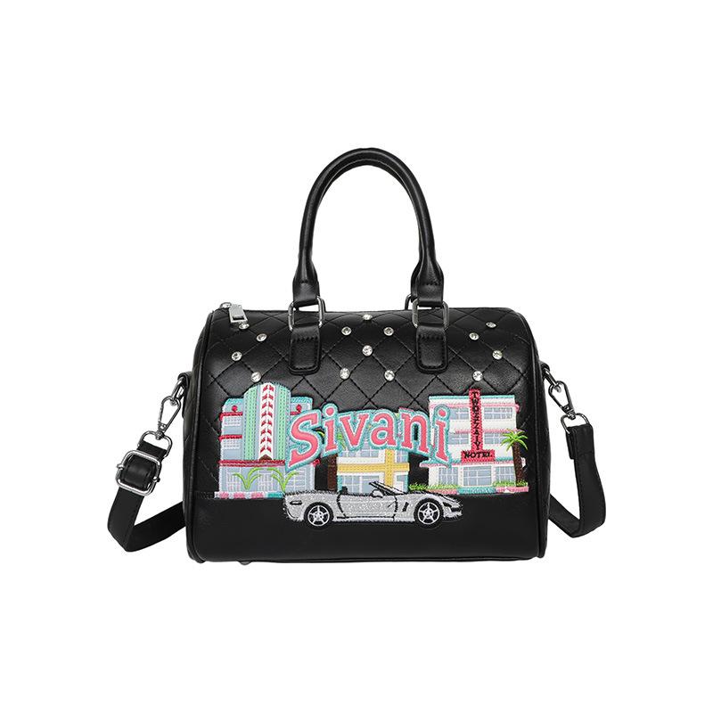 Boston Bag with Embroidery, High-end Single-shoulder Crossbody Bag