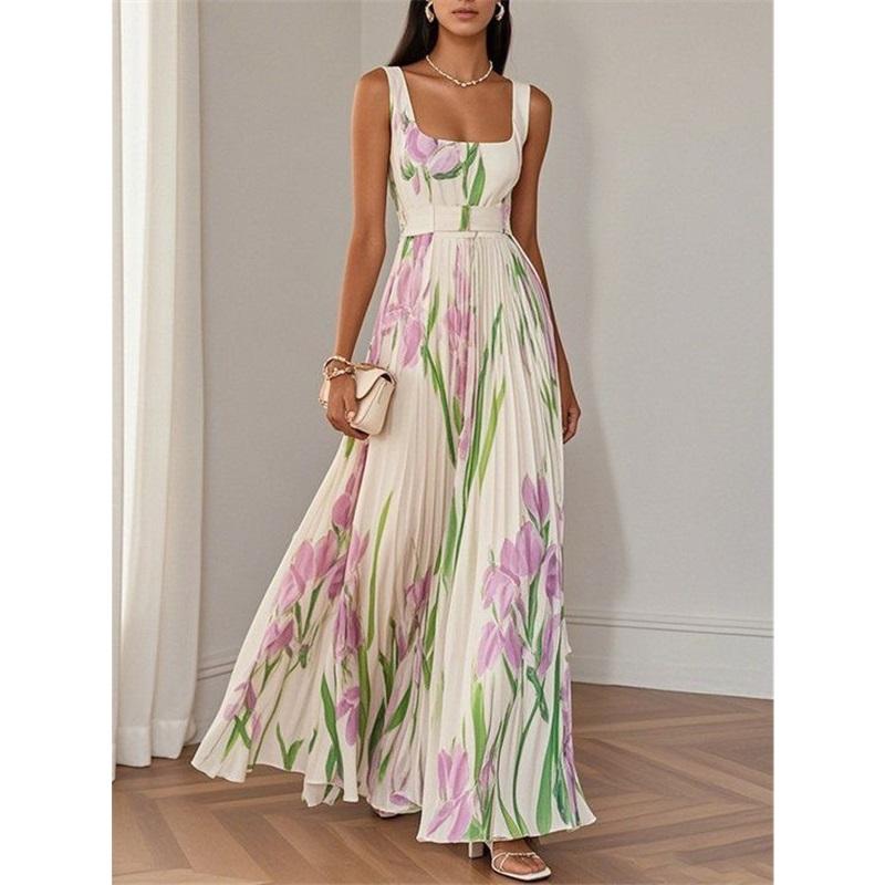 

European And American Style Elegant Evening Dress Pleated Printed Dress Summer New Sleeveless Long Dress XXL