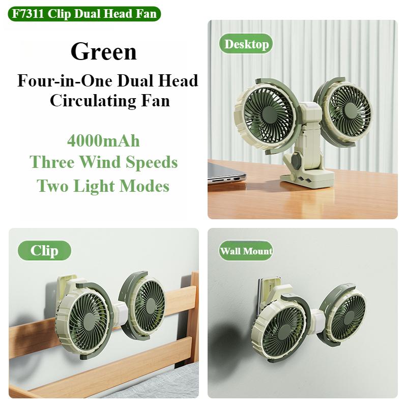 

Ранний летний клип Двухголовый вентилятор 4000 мАч Три скорости ветра Два режима освещения USB Перезаряжаемый Вращающийся на 360° Настольный охлаждающий воздушный вентилятор зелёный