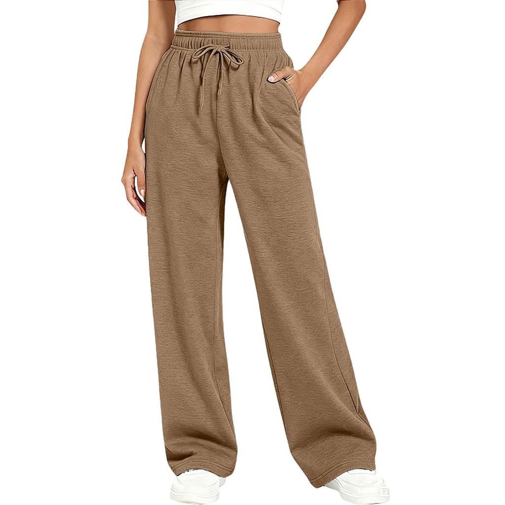 Women's Casual Loose Fit Lounge Pants Elastic Waistband with Drawstring Side Pockets Full Length Wide Leg Relaxed Trousers for Everyday Wear