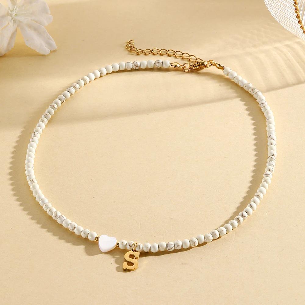 Bohemian Choker neck Initial necklaces heart-shaped shell letter pendant beads Women's stainless steel necklace woman trend2025