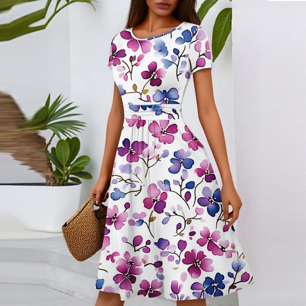 Women's Casual Fashion Round Neck Pleated Short Sleeve Floral Print A-Line Midi Dress