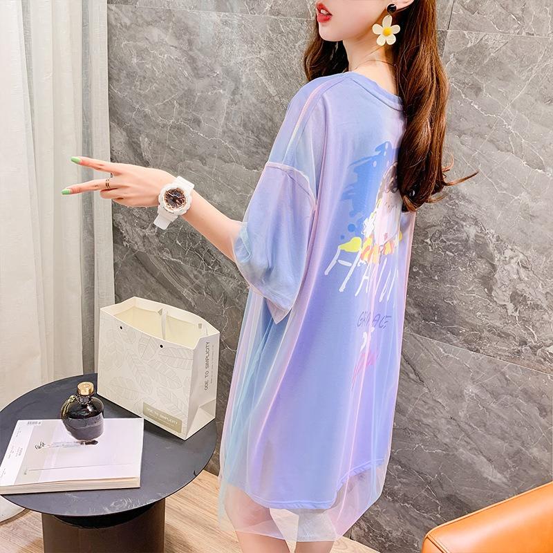 Dámské postupné barevné síťované šaty s krátkým rukávem, letní volná velká verze dlouhých falešných dvou šatů