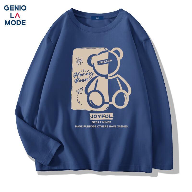 GENIOLAMODE Herren Langarm T-Shirt mit Honigbär-Print aus reiner Baumwolle