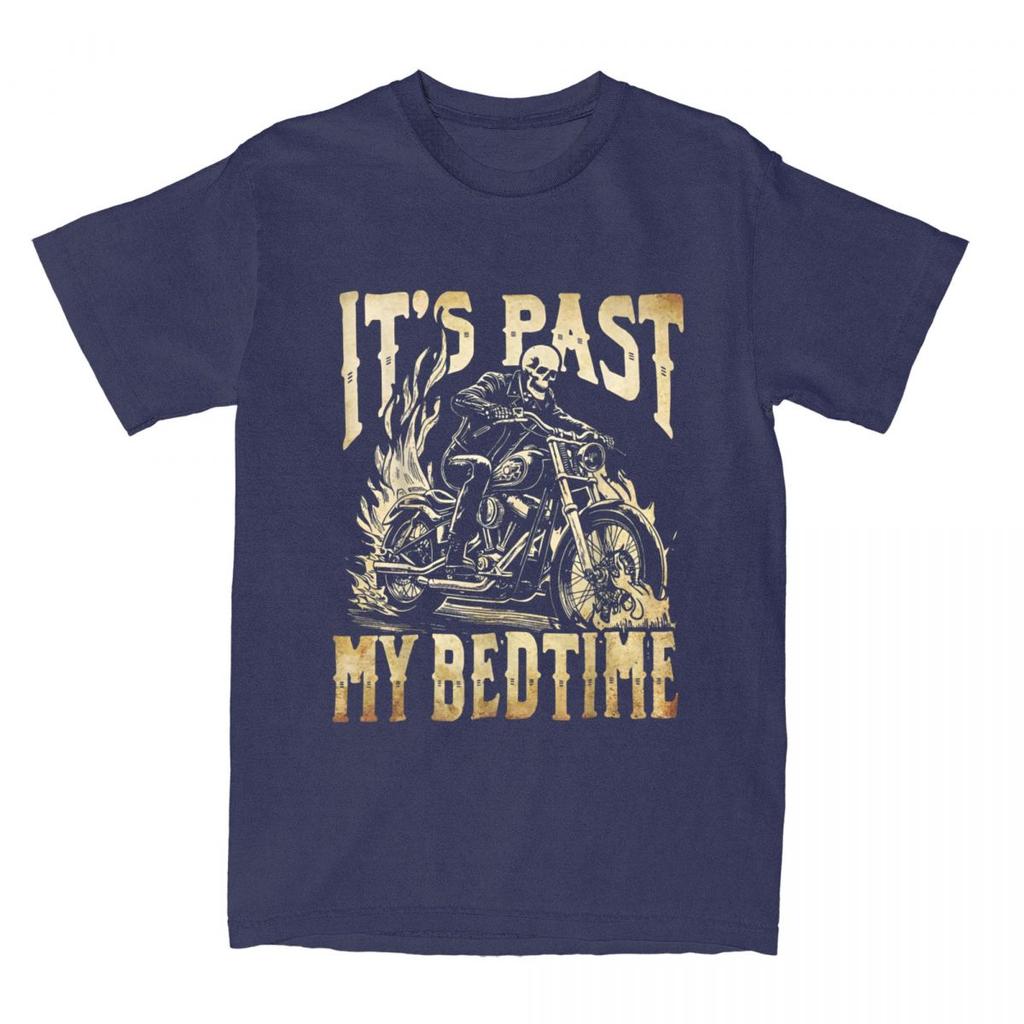 Funny Skeleton Motorcycle Its Past My Bedtime Meme Halloween T Shirt Y2K Cotton Cool Tee Shirt For Men's Short-Sleeve Tees