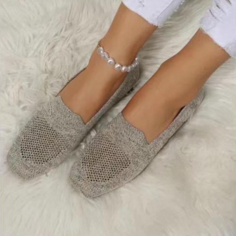 Womens New Solid Color Square Toe Mesh Loafers Shallow Soft Bottom Knit Casual Slip on Boat Flats