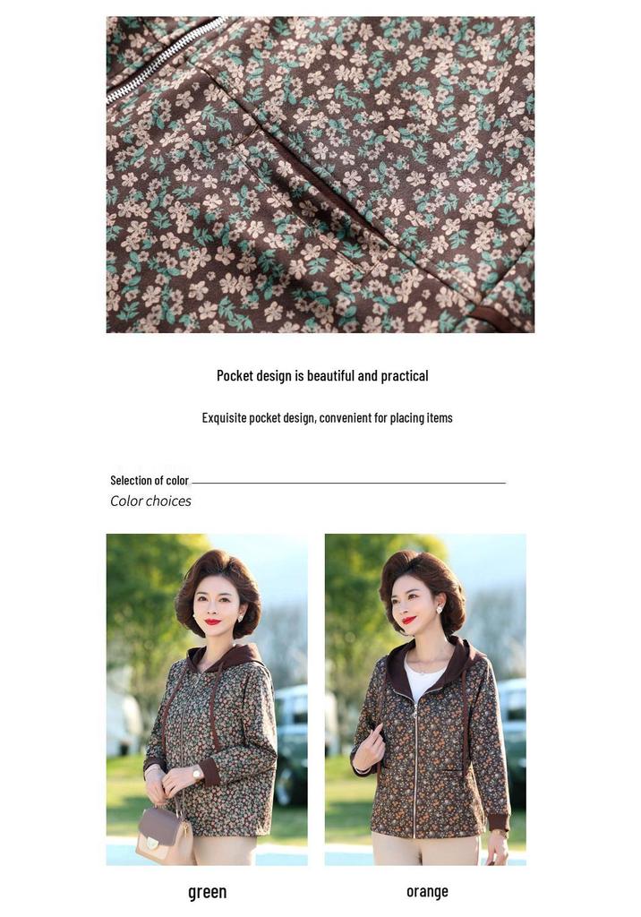 Elegant Print Hooded Jacket for Middle-Aged Women - Slimming, Fashionable Spring/Autumn Sweatshirt