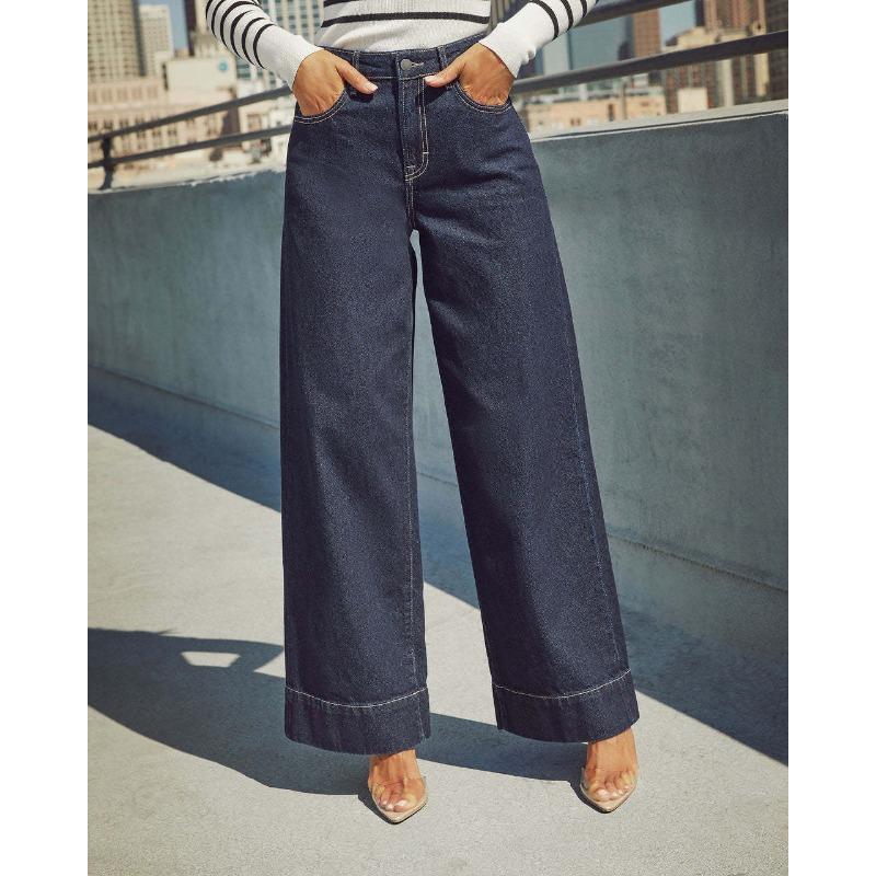 

Новые брюки широкие штанины стиранные темперамент высокая талия длинные широкие джинсы брюки женские L темно-синий