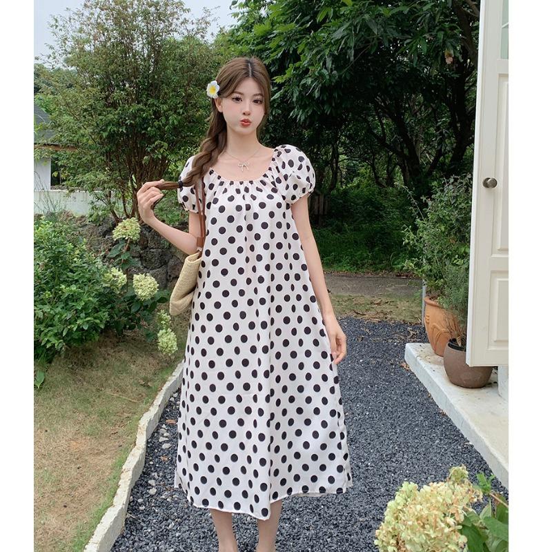 Chic and Beautiful Polka Dot Bubble Sleeve Dress, Summer New Women's Long Dress