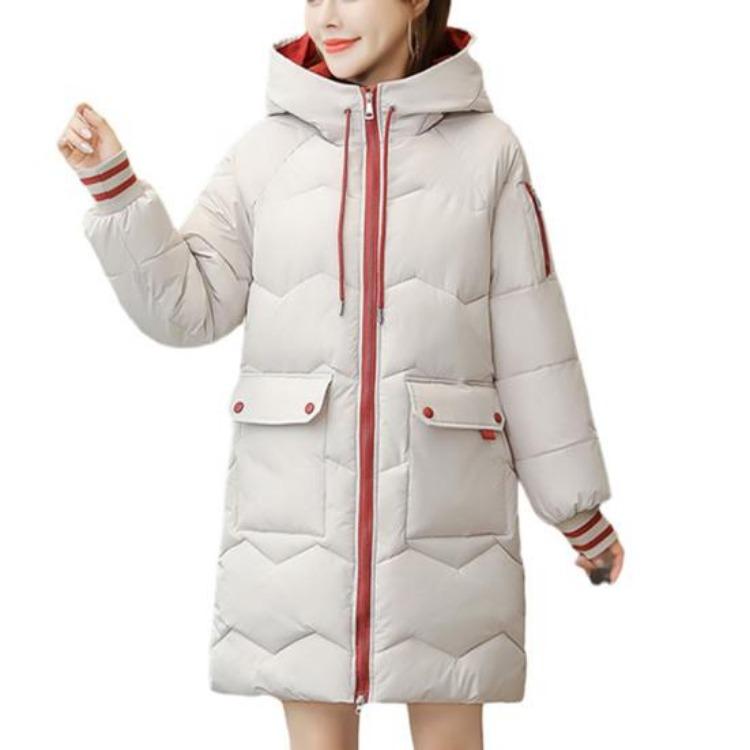 

Windproof Winter Down Jacket for Women Hooded Mid Length Coat with Flap Pockets Drawstring Casual Outwear M белый