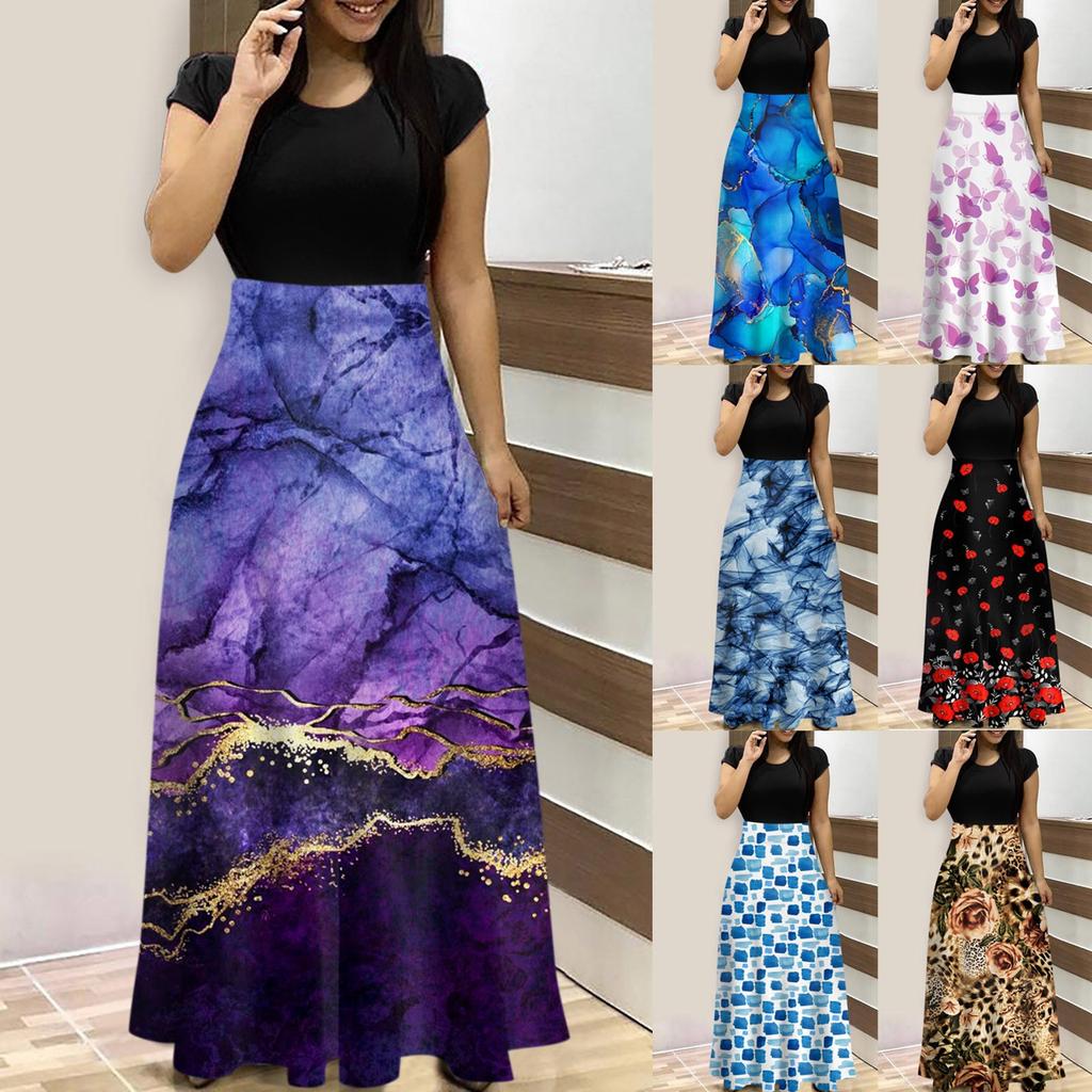 Women's Summer Fashion Casual Printed Round Neck Short Sleeve Long Dress