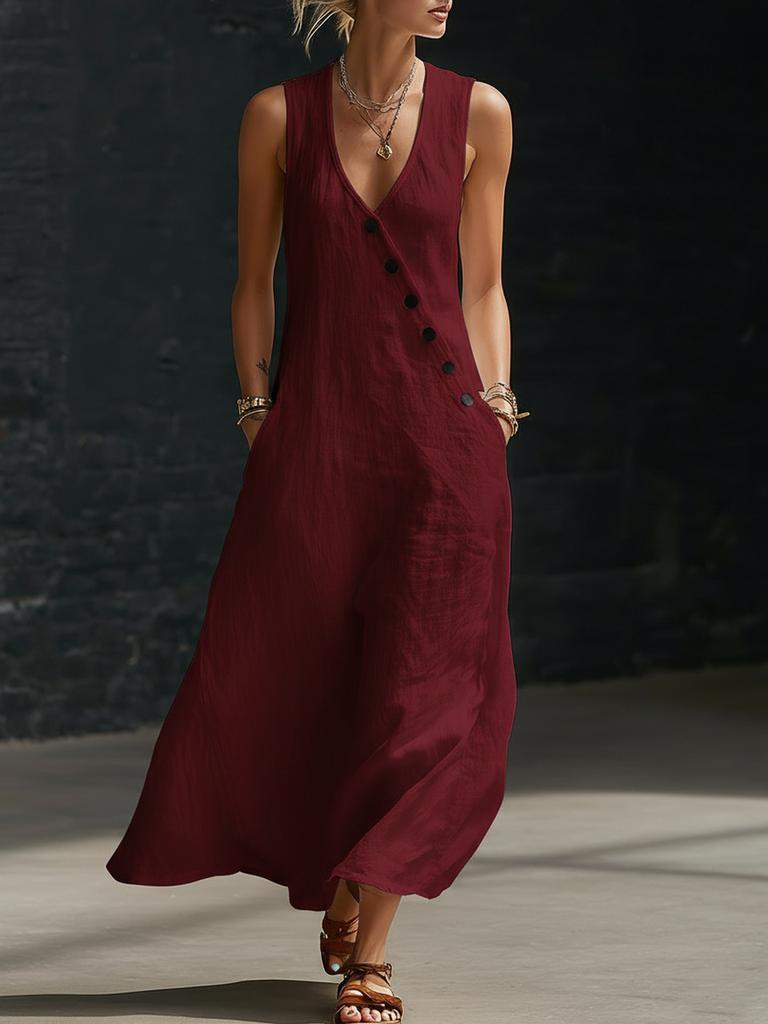 Spring/Summer New Solid Button Short Sleeve Backless Vest Dress