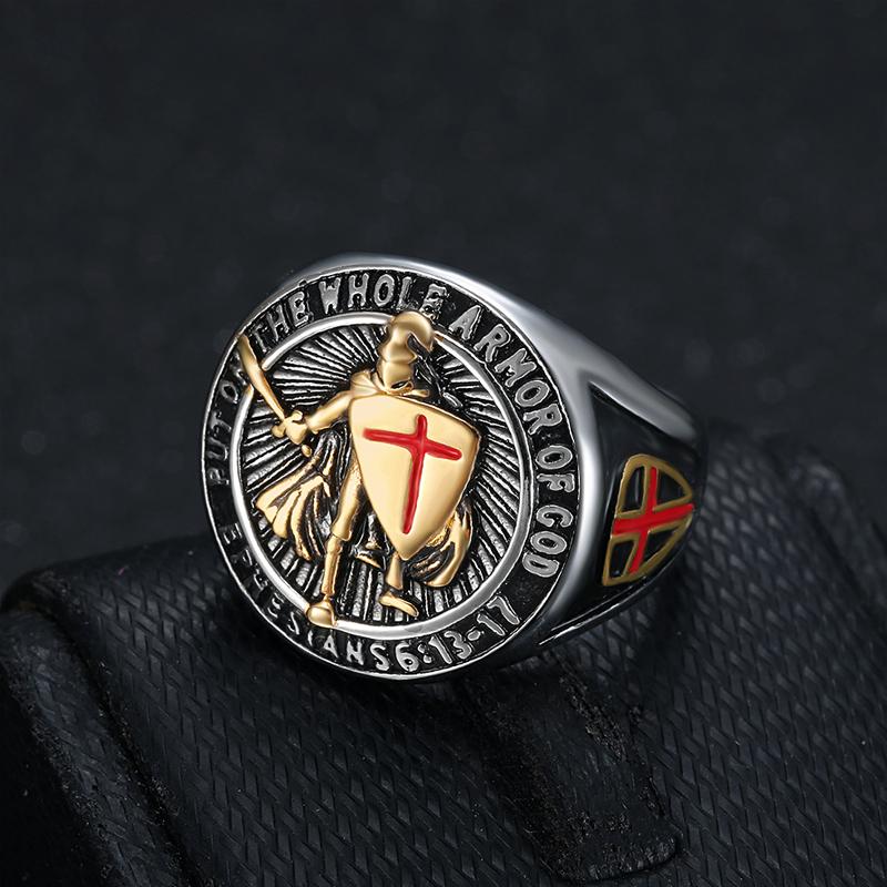 Men 316L Stainless Steel Saint Paul Ephesians "Put on The Whole Armor of God" Cross Knight Protect Ring Jewelry Dropshipping