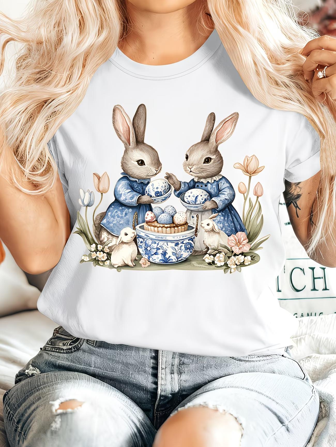 Ladies Summer Fashion  Easter EggDrawing Rabbits Printed Crew Neck Short Sleeve TShirt S