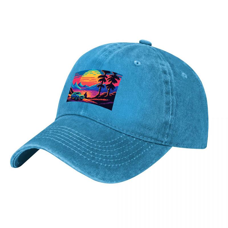 Tropical Sunset Vibes Washed Canvas Baseball Cap with Palm Trees and Classic Car Design Retro Art Style Unisex Adjustable Hat