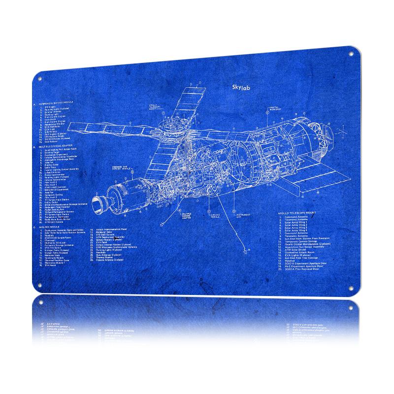 NASA Skylab Blueprints Metal Poster Customized Wall Art Retro Vintage Tinplate Signs for Home Decor Living Room House Wand Deko