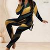 Women Plus Size Black Green Gold Printed Half Zip Long Sleeve Longline Top And Pants Two Piece Set
