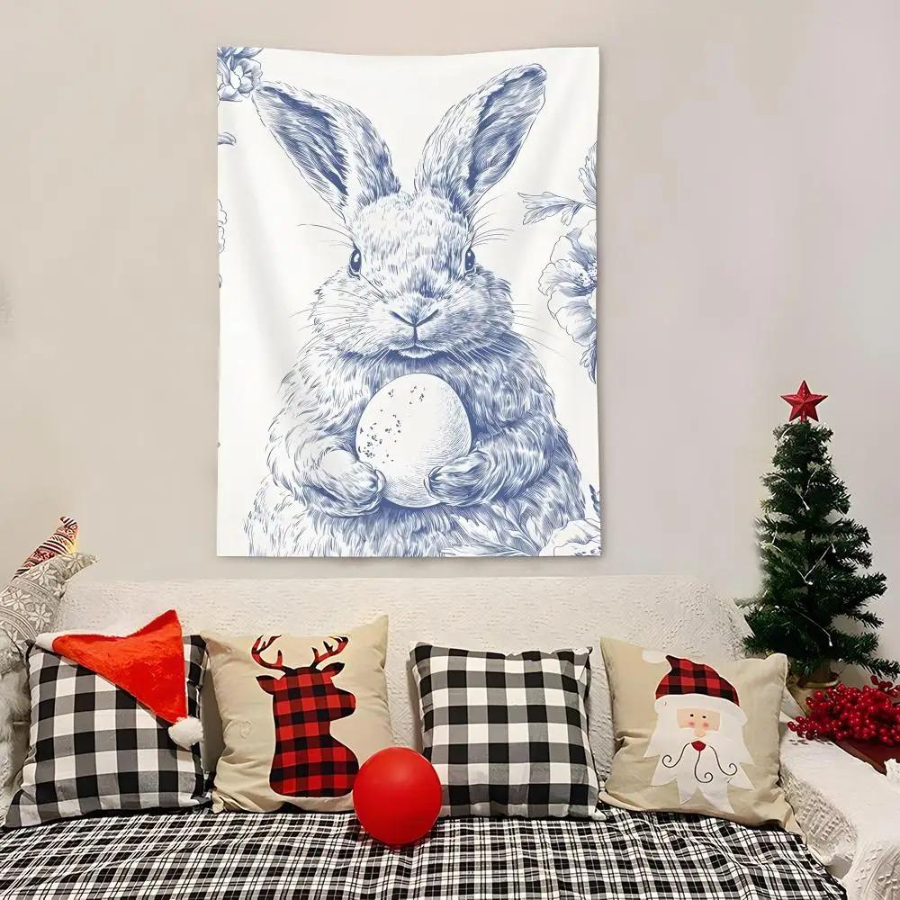 1pc Blue Bunny Easter Egg Tapestry 2D Single Print Elegant Home Decor Soft Accessory Charming Functional HolidayThemed Durable