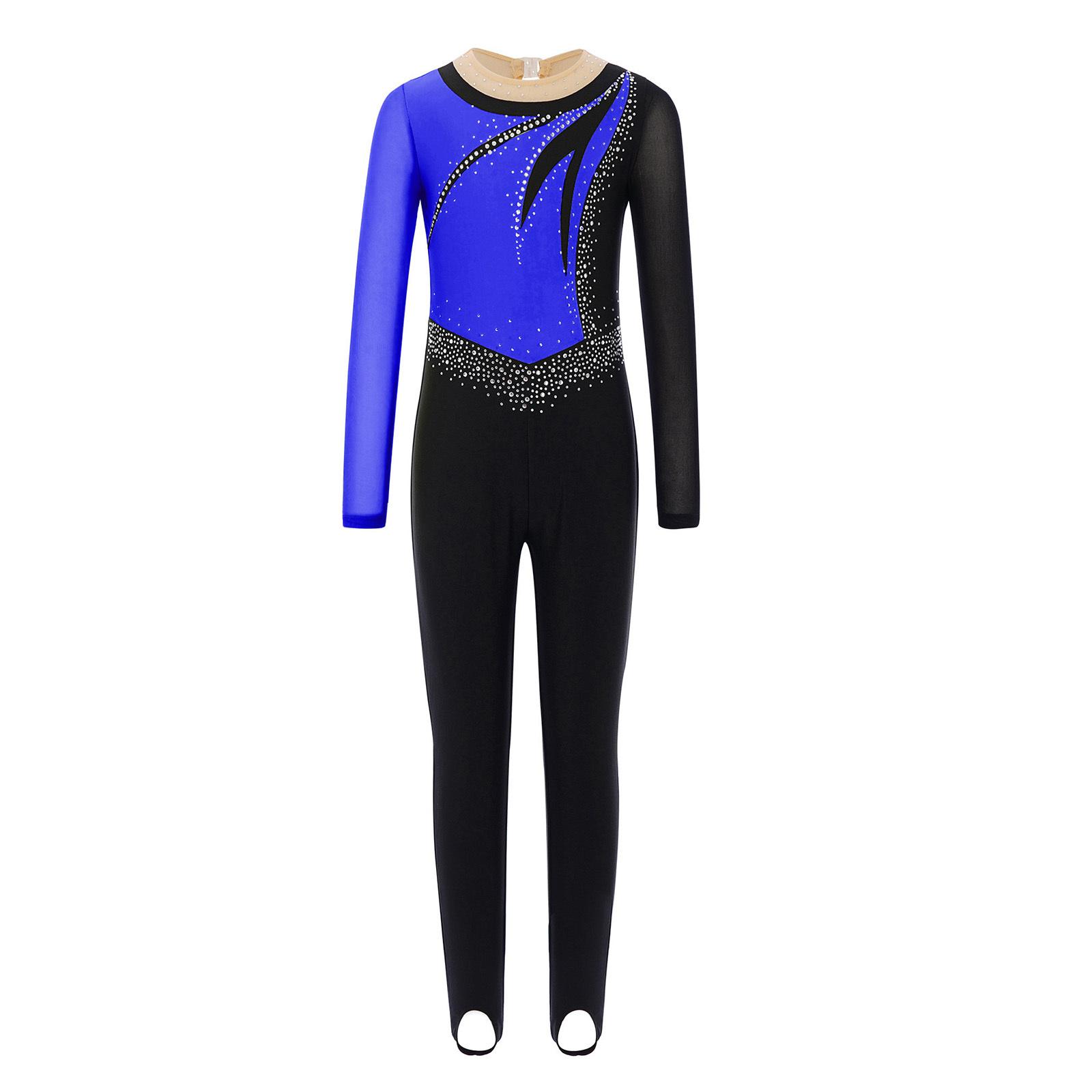Inhzoy Meisjes jumpsuit met lange mouwen van mesh, open rug en glinsterende strass-steentjes, geschikt voor dans, gymnastiek en optredens. 7-8 Years blauw