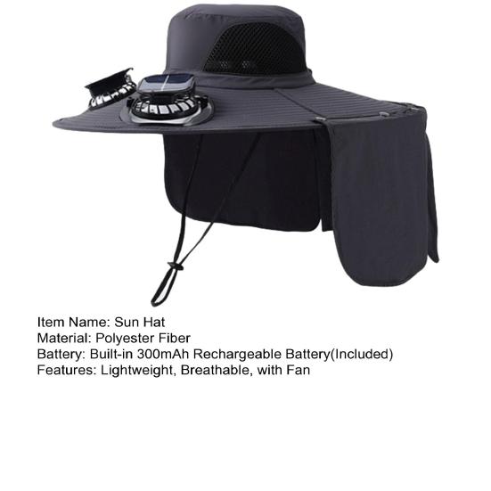 Chapeau Ventilateur Solaire avec Protection Cou Chapeau à Visière Solaire UV Ventilateur USB Rechargeable Respirant Hommes