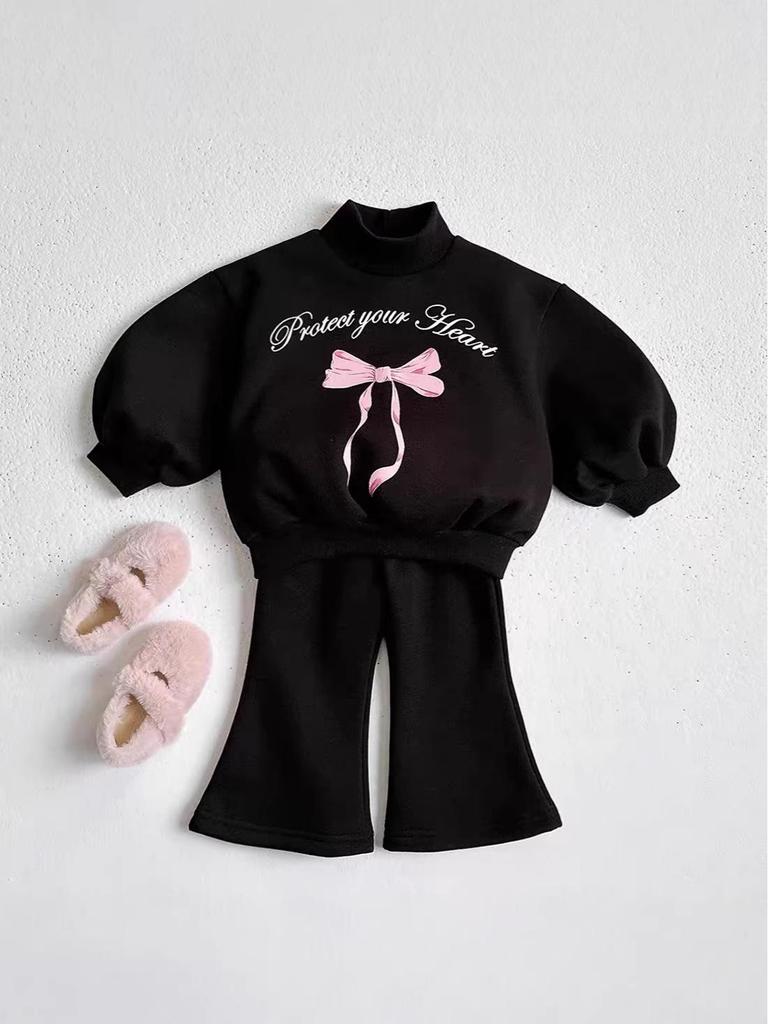 Girls' Winter Two-Piece Set: Princess-Style Velvet Hoodie & Flare Pants