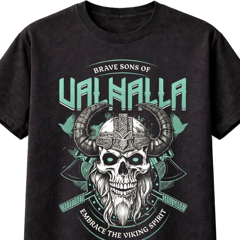 Valhalla Viking Skull T Shirt Brave Sons Norse Warrior Tee Unisex S5XL S