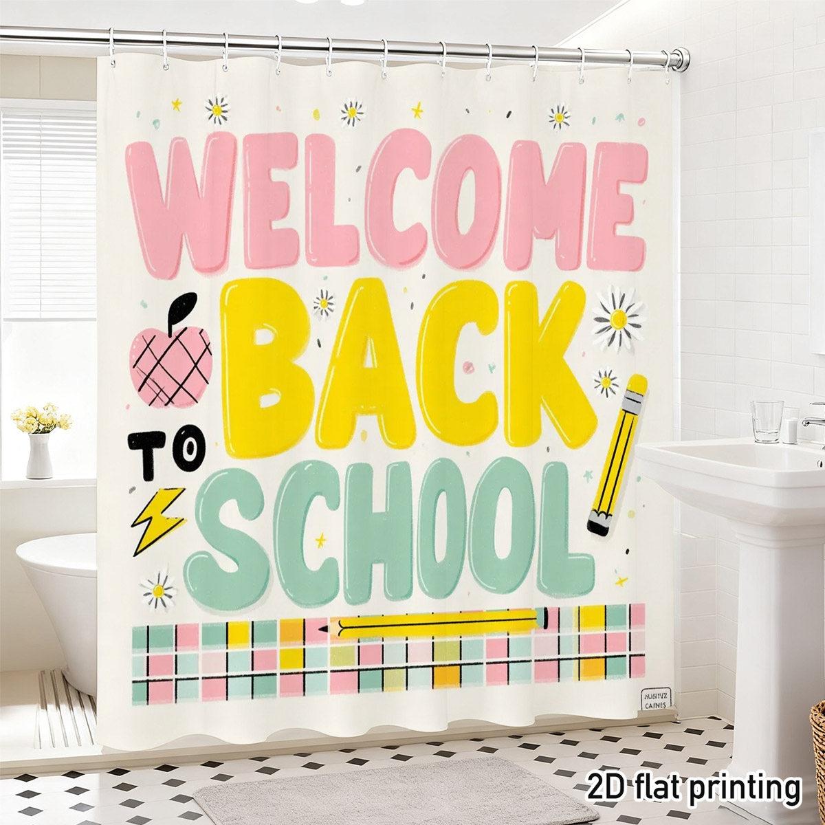 

Back To School Shower Curtain – Bold “Welcome To School” Print With Apple & Pencil, Waterproof Polyester, W60H190(CM)-1 Pcs