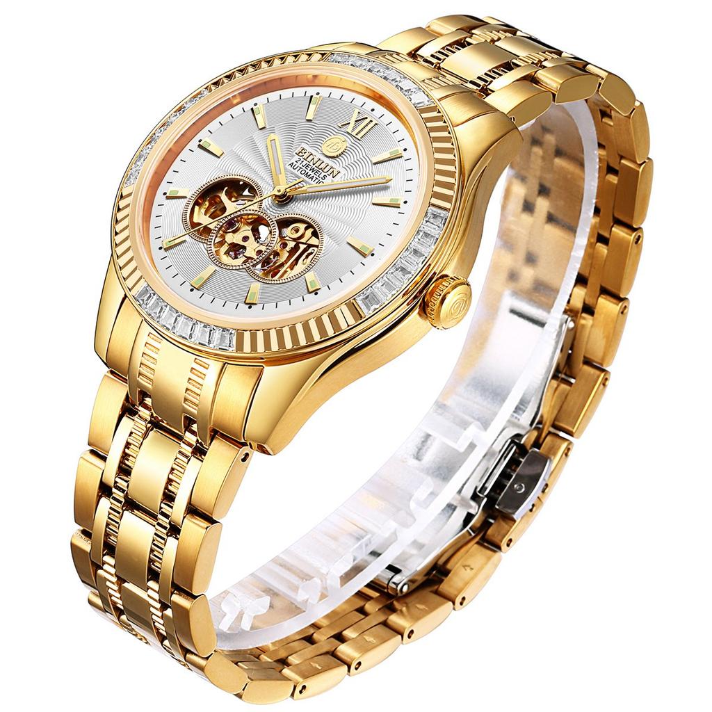 BINLUN Automatic Skeleton Mechanical Luxury Business Gift for Men Men's Watch, Gold, Double-Sided Watch, Gold, Waterproof, Watch, [Product Code]