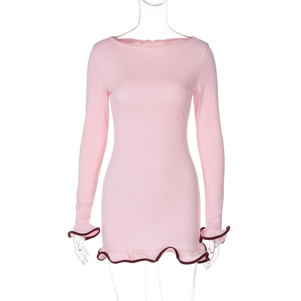 

Сексуальная обтягивающая юбка с оборками, трикотажная юбка с подвернутым краем, однотонное женское осенне-зимнее платье с длинным рукавом M розовый