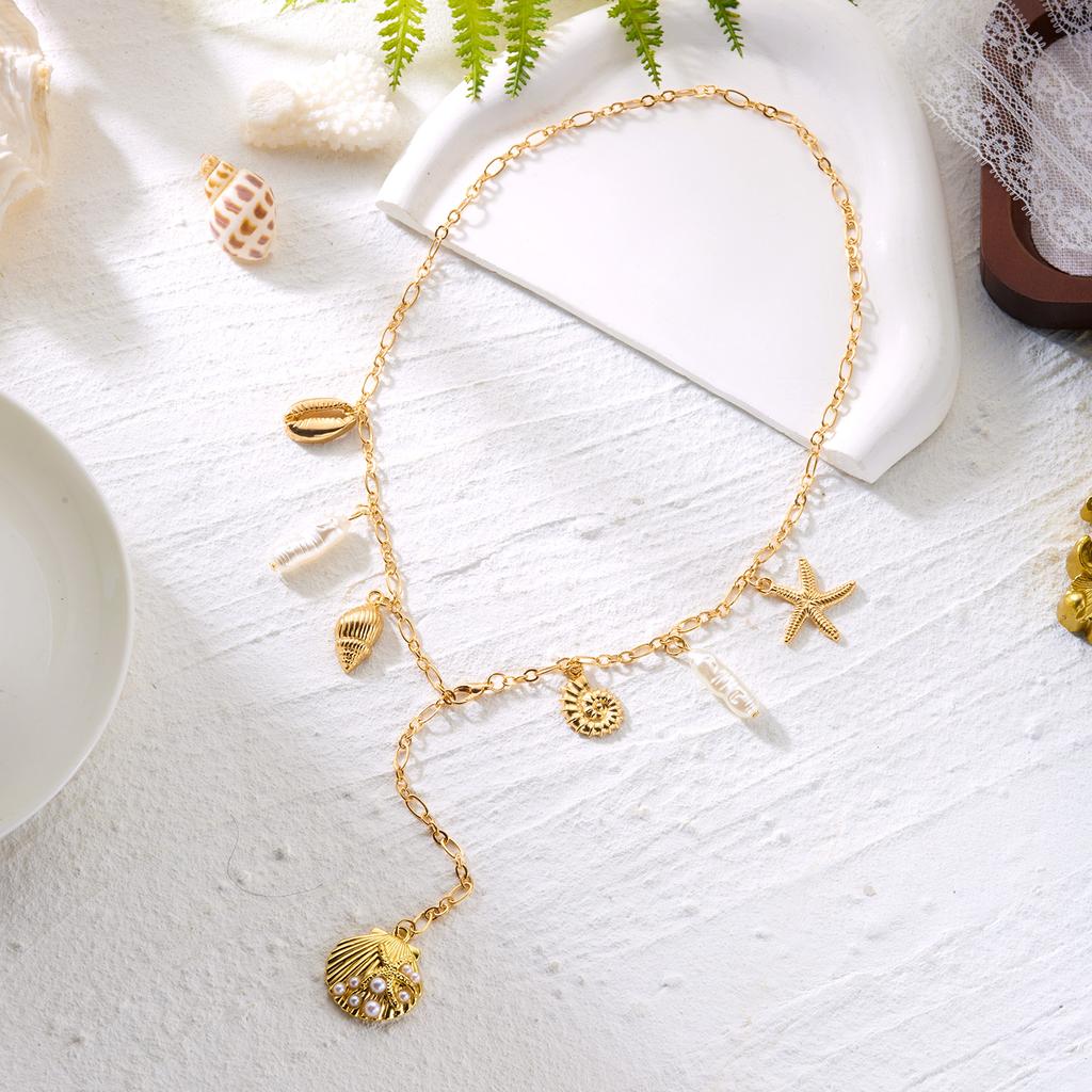 Elegant Starfish Shell Conch Y-shaped Necklace for Women Boho Irregular Imitation Pearl Pendant Chain Party Jewelry Gift