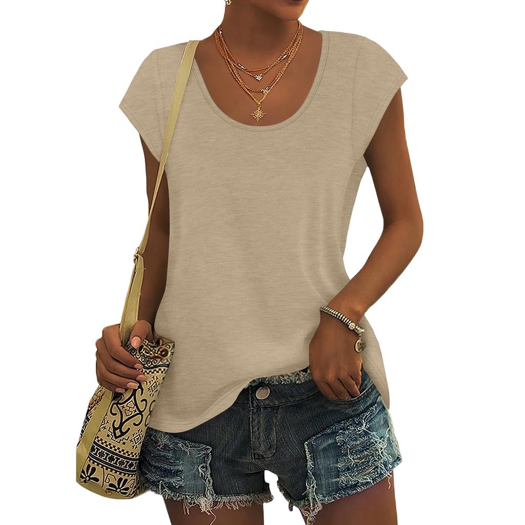 Women's Fashion Casual Slim Fit Waist Cap Sleeve Round Neck T-Shirt Top