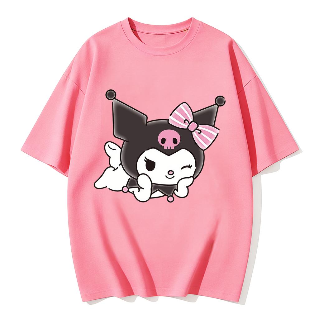 Summer Cute Winking Kuromi Print Tshirt Casual Short Sleeved Tees for Mom and Daughter Fashion Parentchild Clothing Set Tops