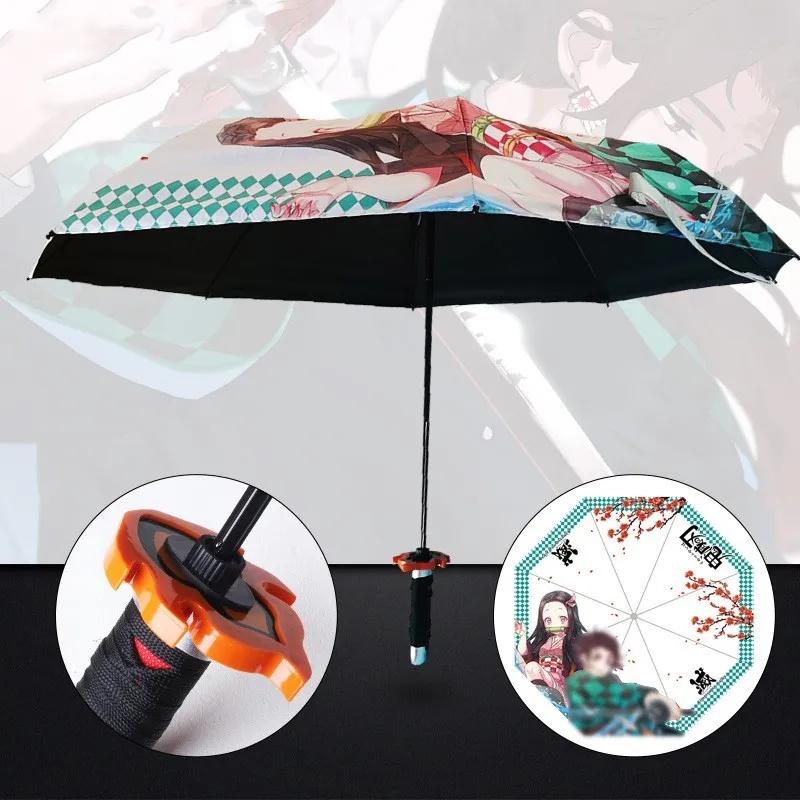 Long Kamado Tanjirou Katana Umbrella Handle UV Blocking Black Parasol Anime Demon Slayer Japanese Katana Sword Umbrella Raincoa