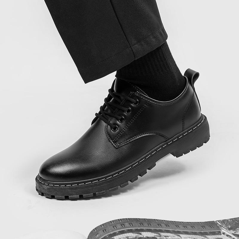 Letní černé ležérní kožené boty pánské britské společenské šněrovací silná podrážka zvyšující kulatá špička oblek velká hlava Martin pracovní boty