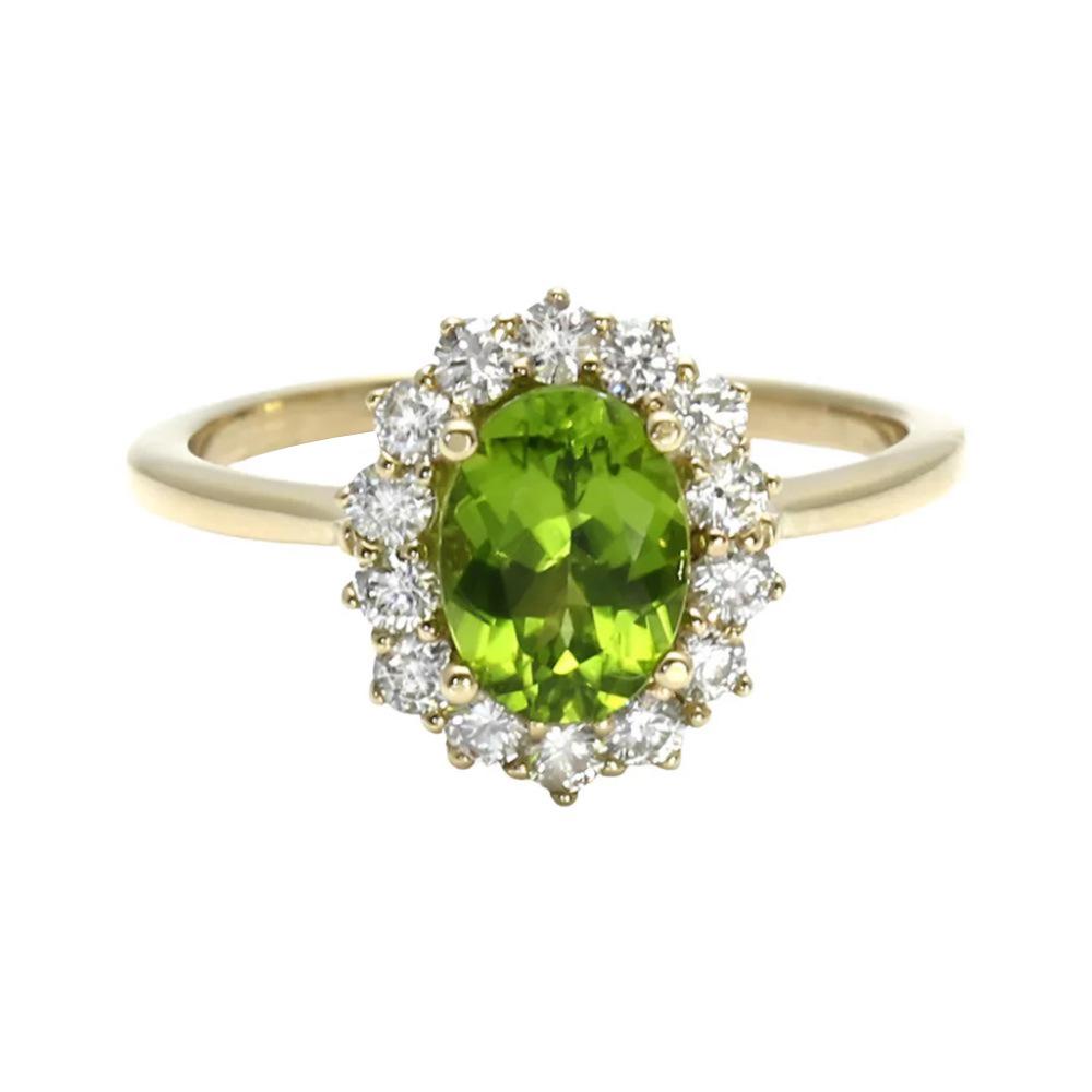 European American Oval Peridot & Zircon Inlaid Women s Copper Retro Fashion Ring Size 7