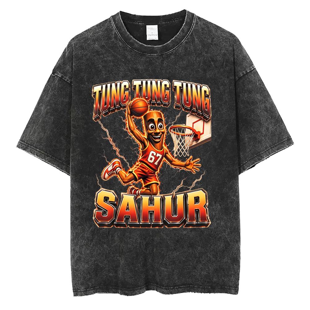Washed Vintage Italian Brainrot John Pork Tung Tung Tung Sahur 67 Funny Meme T-shirt Casual Novelty Humor T Shirts Unisex