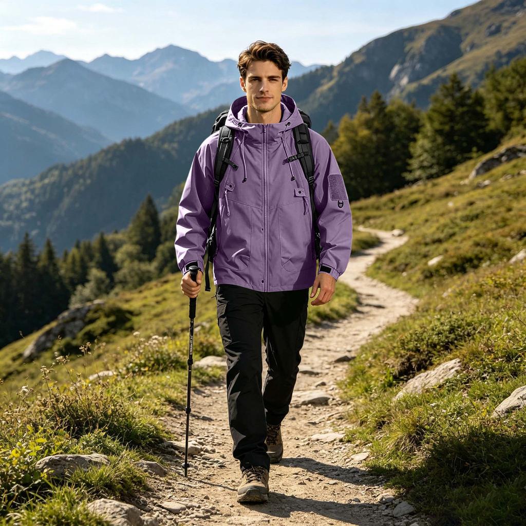 Men's Outdoor Hooded Jacket Thickened Loose Fit Windproof Waterproof Breathable Lightweight Shell for Hiking Camping