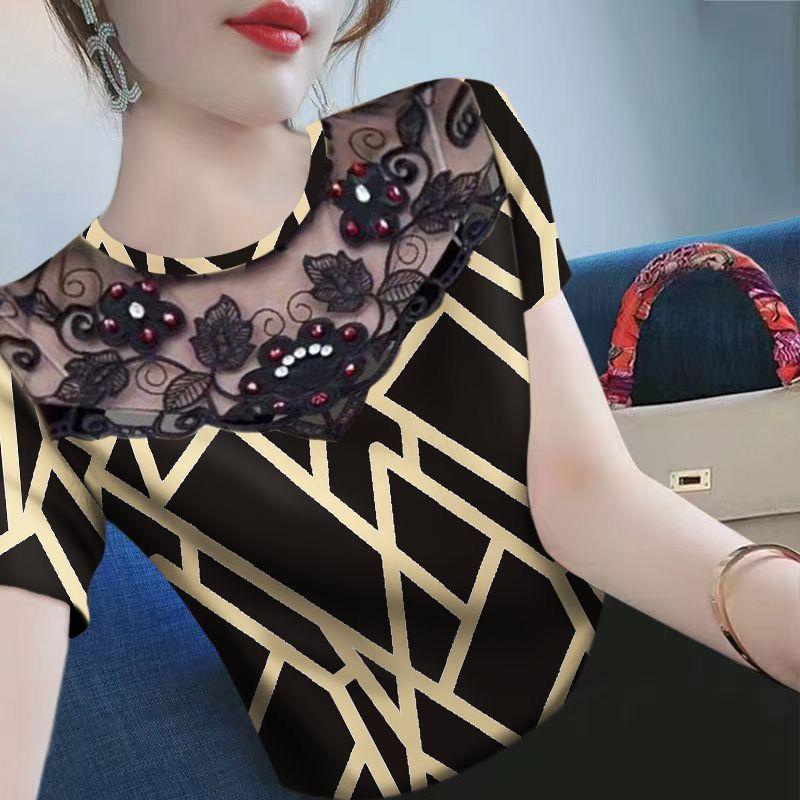 

Новый летний корейский стиль, полосатый, с короткими рукавами, кружевной, с круглым вырезом, модный принт XL золотой