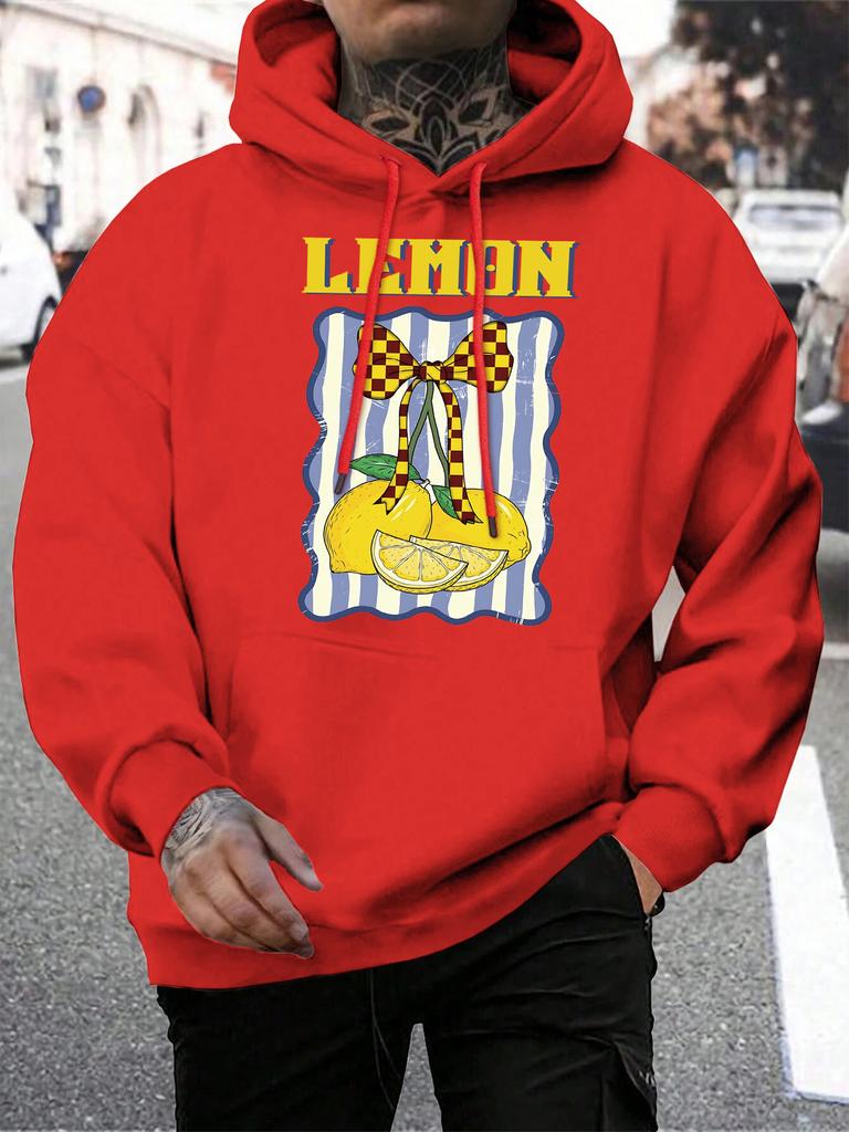 Creative Lemon Fruit Bow Print Men Hoodies Multicolor Pocket Hoodie Fleece Autumn Male Clothing Casual All-Match Streetwear