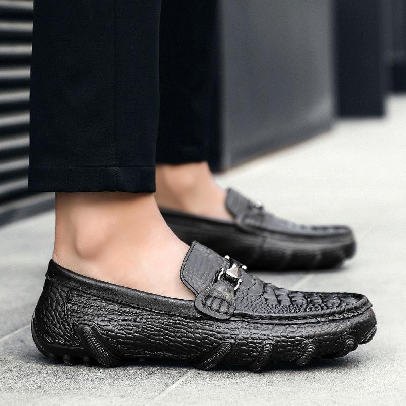 Fashion Genuine Leather Men Casual Shoes Crocodile Pattern Mens All-match Loafers Mens Slip on Office Shoes Antiskid Men Dress Footwear