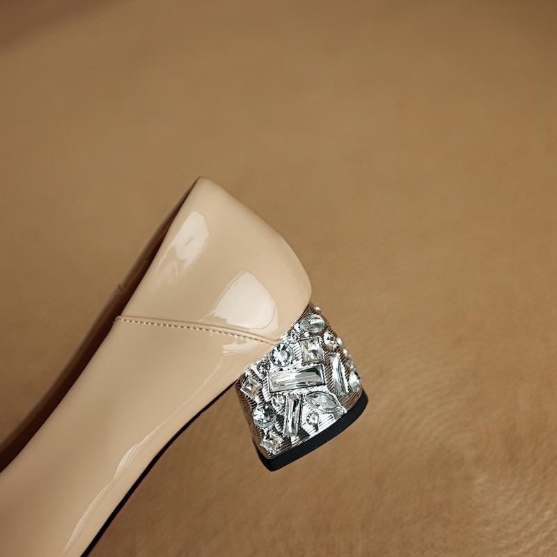 Fashion Women's new genuine leather sheepskin patent leather rhinestone French style mid heel thick heel spring and autumn work shoes