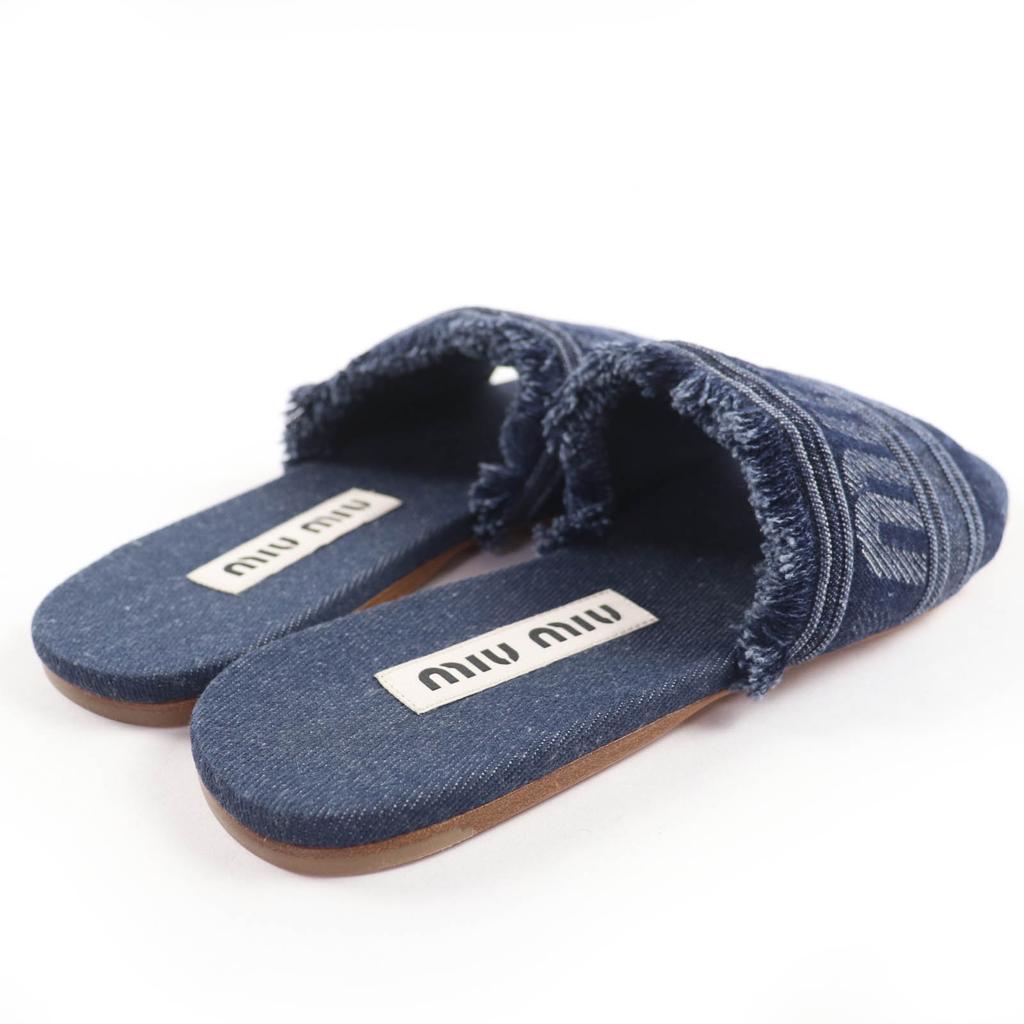 Excellent MIUMIU Sandals Logo Denim Mule Slides Indigo blue Women 36.5 5XX554 Used