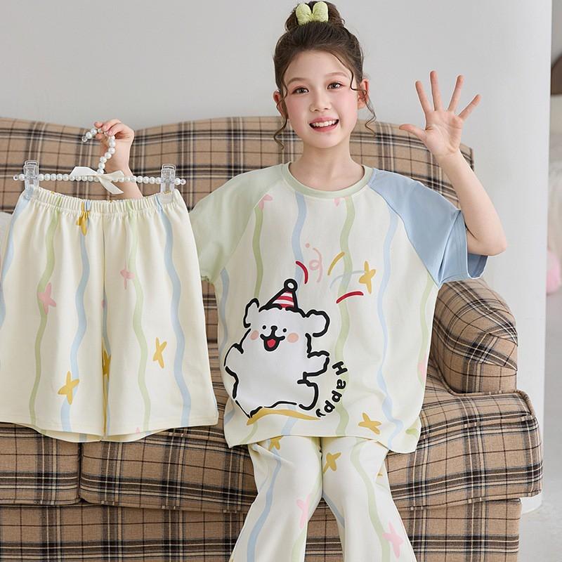 Girls Cotton Pajama Set Short Sleeve Long Pants Cartoon Print Sleepwear Kids Home Wear