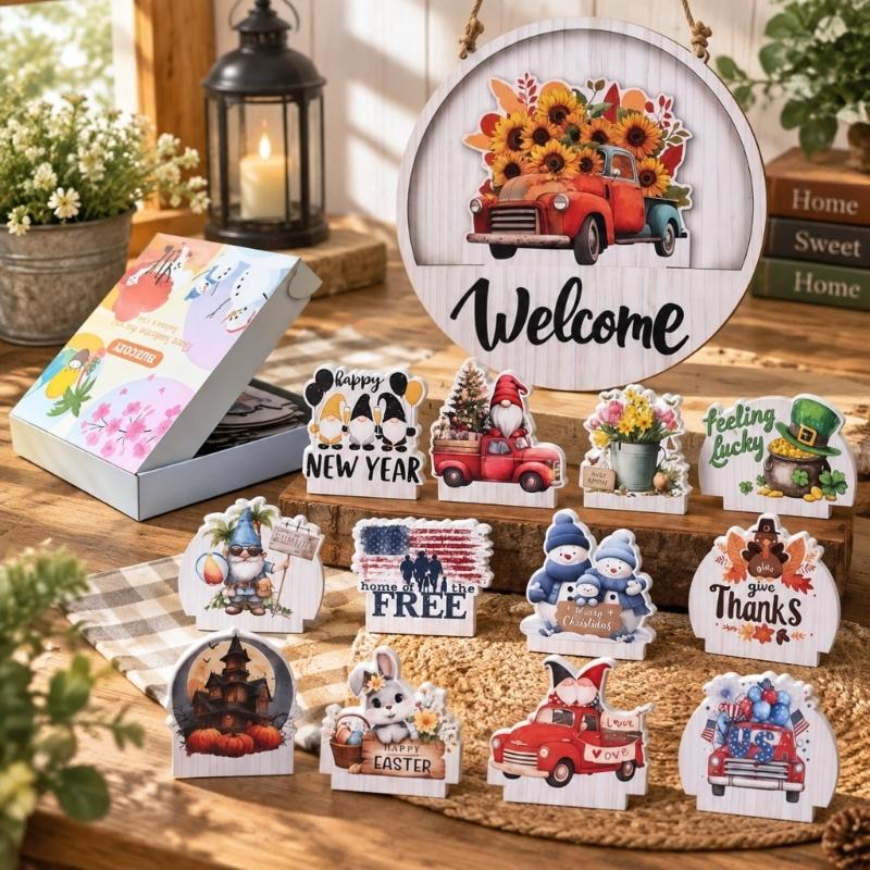 Seasonal Welcome Door Sign Set, Front Door Decors with 13 Changeable Theme Inserts, Round Hanger for New Year, Easter, Thanksgiving, and Christmas