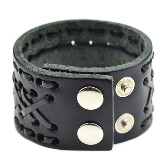 Men's Women's Punk Braid Faux Leather Wide Cuff Bracelet Button Wristband Bangle