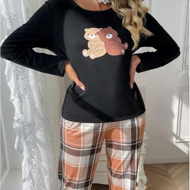 Sexy Nightwear Women Winter Cartoon Bear Long-Sleeved Plaid Trousers Girl Home Wear Two-Piece Set O-Neck Sleepwear Loungewear