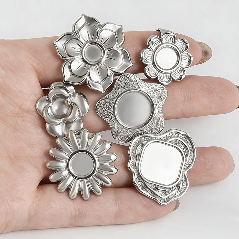 15Pcs Vintage Lotus Flower Oval Round Cabochon Blank Tray Ring Stainless Steel Rings For Women Men Handmade Energy Jewelry Gift